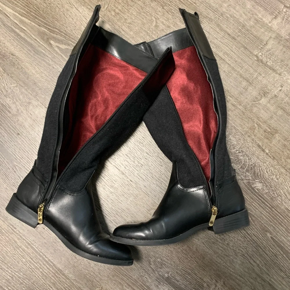 Tommy Hilfiger Riding Style Boots Black Faux Leather and Wool.  Sz 7.   EUC!